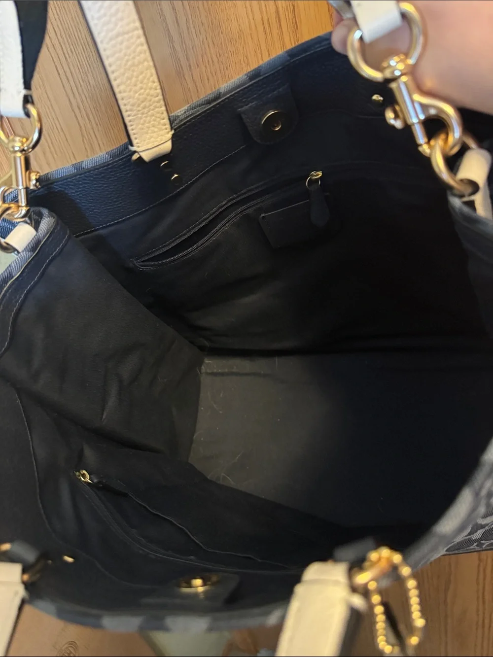 Coach Dempsey Navy Signature Denim Tote with Cream Leather Patch and Trim